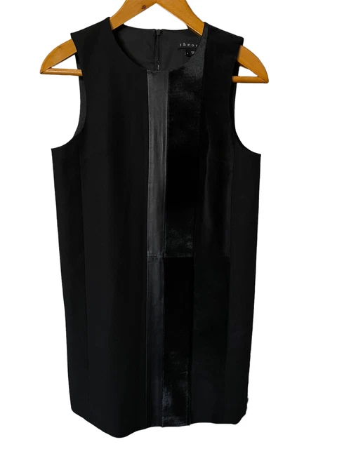 Theory Black Leather Suede Fur Shift Dress Women's 4 Sleeveless