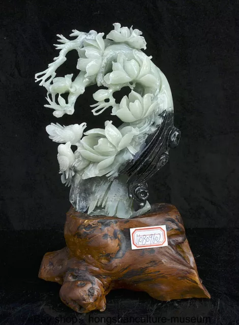 13.6 " China Natural Xiu Jade Jadeite Carved Fengshui Flower Bird Wealth Statue