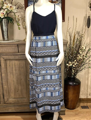 J. Crew Factory Maxi Dress with Printed Skirt Size 6 Blue White Side Slit C3861