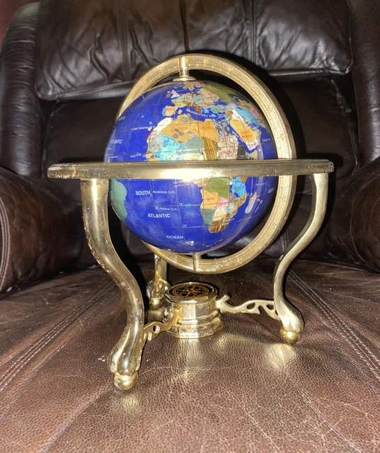 "Brújula globo terráqueo oro lapislázuli oro con soporte de 3 patas piedra preciosa mapa mundial mapa mundial 14"""