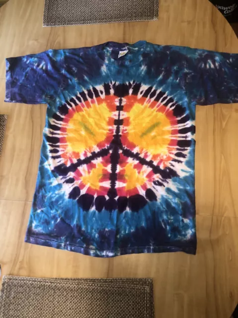 Vintage 90s Sundog Tie Dye Peace Sign Psychedelic T Shirt Size Large