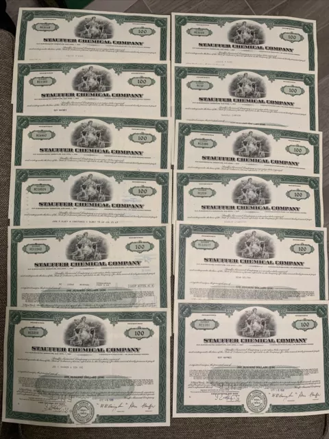 (Lot of 12) Stauffer Chemical Company Stock Bond Certificate