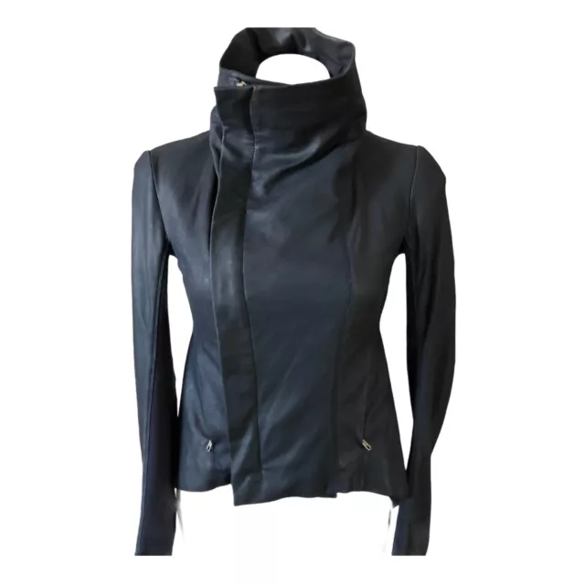 RICK OWENS Womens Leather Moto Jacket Funnel Neck Slim Fit Blue IT 38 US 6