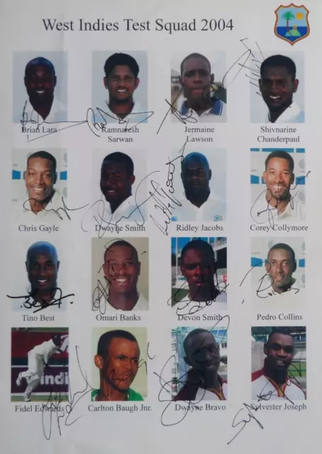 West Indies Autographed Team Sheet 2002,  By 16 Inc Lara, Gayle, Bravo, Best.