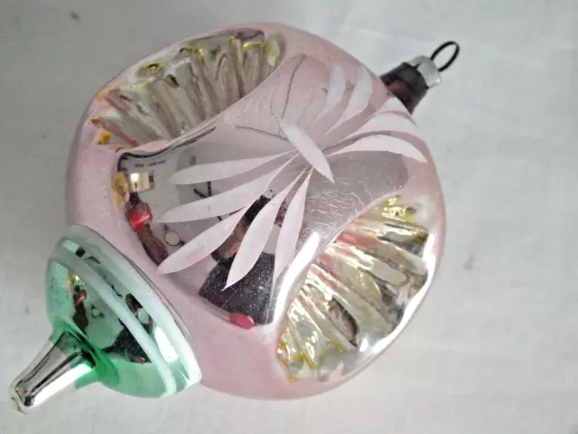 vintage  4.25" TRIPLE INDENT mercury glass PINK Christmas ornament