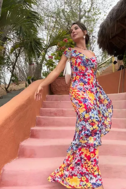 FLORYDAY CHIFFON FLORAL Black Maxi Summer Dress Gown A Line Midi Xl 20.00 PicClick UK