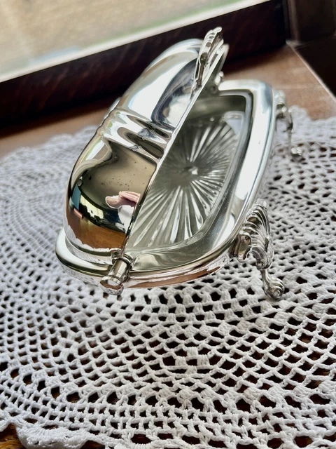Silver Plated Butter Dish, Roll Top Cover, Footed, with Glass Insert
