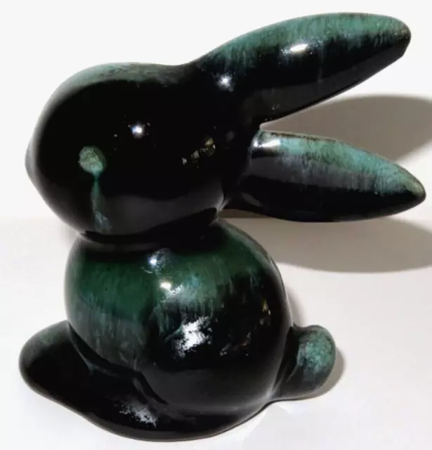 Vintage Redware Art Pottery Jade Green Black Glaze Bunny Rabbit 2.75" x 2.75"