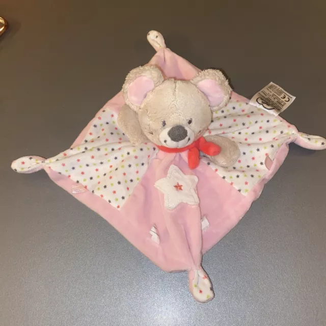 doudou plat Souris Ours Rose Beige Écharpe Rouge Étoiles MOTS D ENFANTS