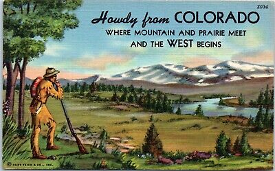 c1940s Linen Postcard Howdy From CO Colorado Where Mountain & Prairie Meet