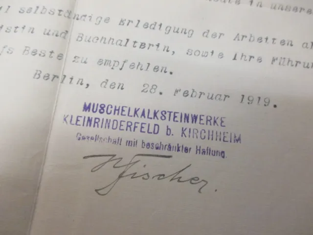 1919 BERLIN Muschelkalksteinwerke Kleinrinderfeld Kirchheim ZEUGNIS mit Autogr.