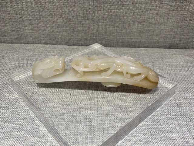 old Chinese qing Dy. White jade carved dragon Figure Belt Hook Pendant