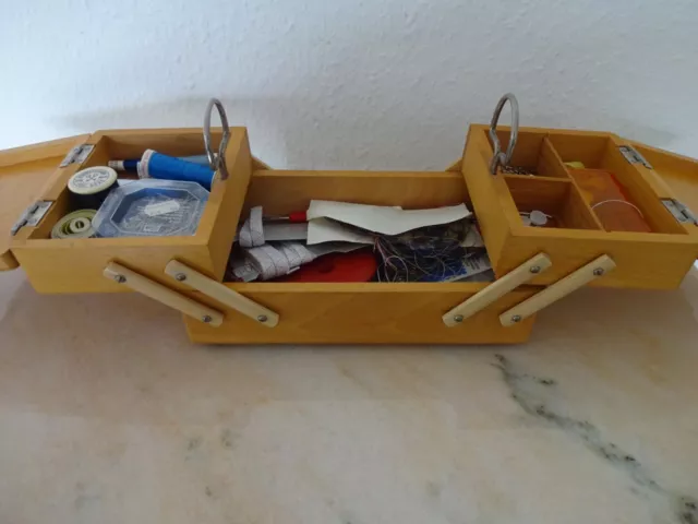 Vintage Holz Nähkasten Nähkiste Box - gefüllt / bestückt ausziehbar TOP!