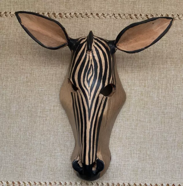 Zebra Mask Lt Brown Wooden Black Stripes Made In Kenya10"H x 8.5"W x 3"Deep
