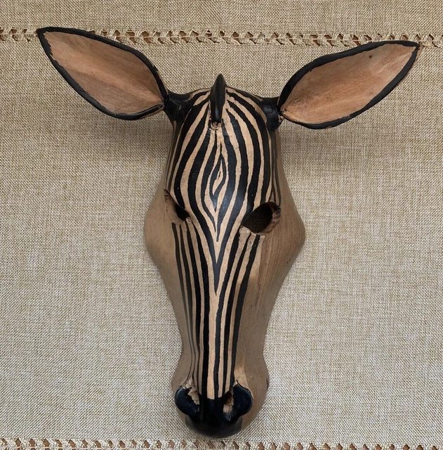 Zebra Mask Lt Brown Wooden Black Stripes Made In Kenya10"H x 8.5"W x 3"Deep