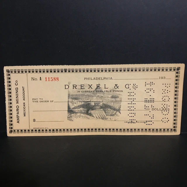 Antique Drexel and Co Blank Cheque Antique Amparo Mining Silver Mine Perforated