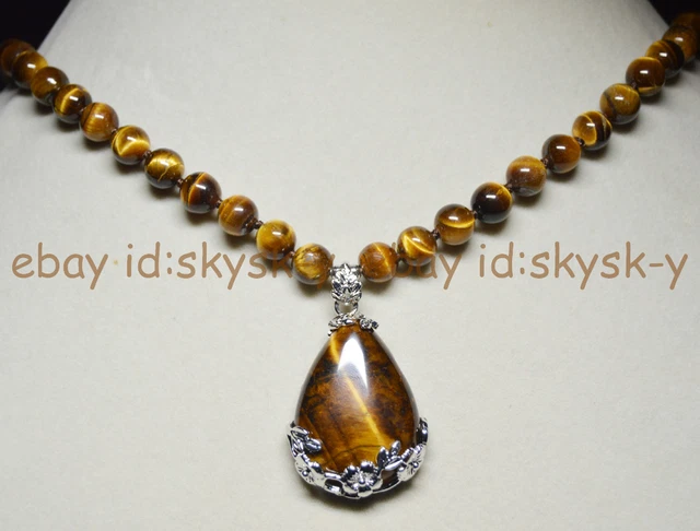 Genuine 6/8/10/12mm Yellow Tigers Eye Round Gemstone Beads Drop Pendant Necklace