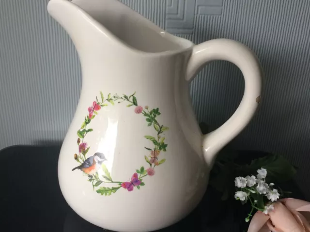 Large Ceramic Jug Vase Pitcher White Pottery Carafe Floral w/ Bird Pattern Jar