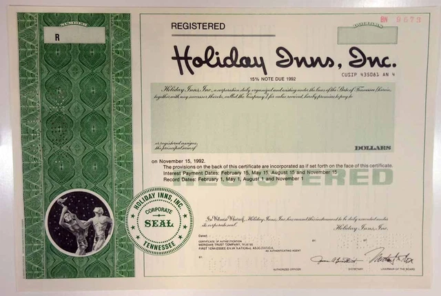 TN. Holiday Inns, Inc., 1988 $Odd Registered 15% Specimen Bond, XF -Green