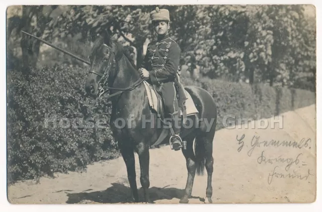115016, Portraitfoto CDV: Husar mit Pelzmütze und Lanze auf Pferd, Braunschweig