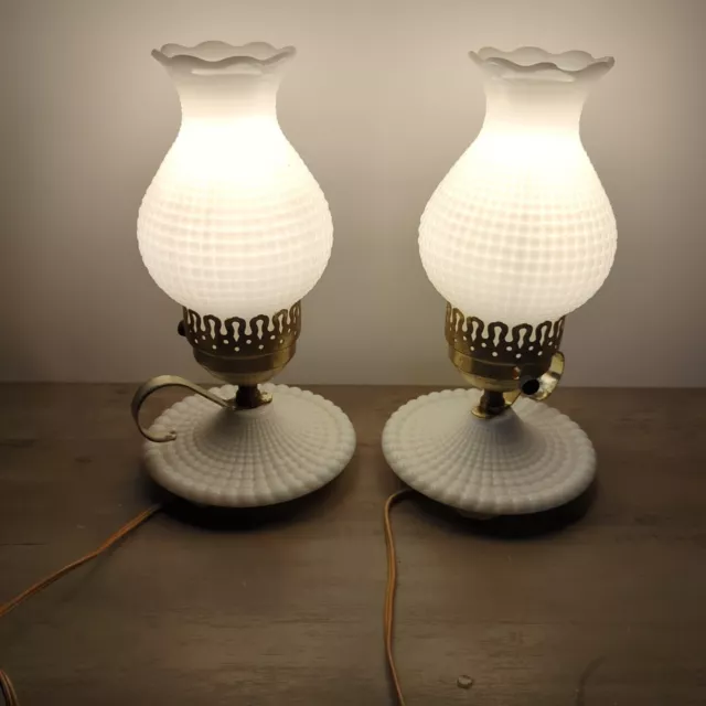 Vintage Pair of Hobnail Bedroom Boudoir Hurricane Milk Glass Lamps Tested
