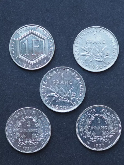Numismatique FRANCE : Lot de 5 Pièces  de 1 Franc -  1988 à 2001 - nickel TTB