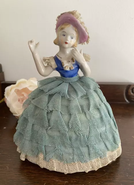 Vintage Aqua Lady Figurine with Lace Detail