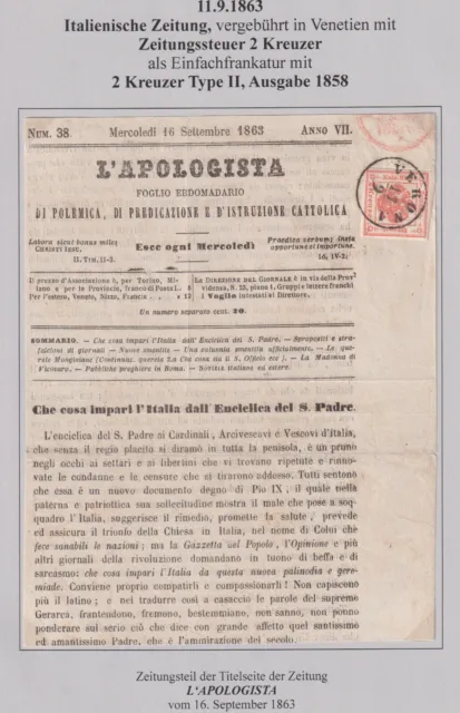 Österreich Lombardei Zeitungsstempelmarke Nr. 2, II auf Zeitungstitel Ferchenbau