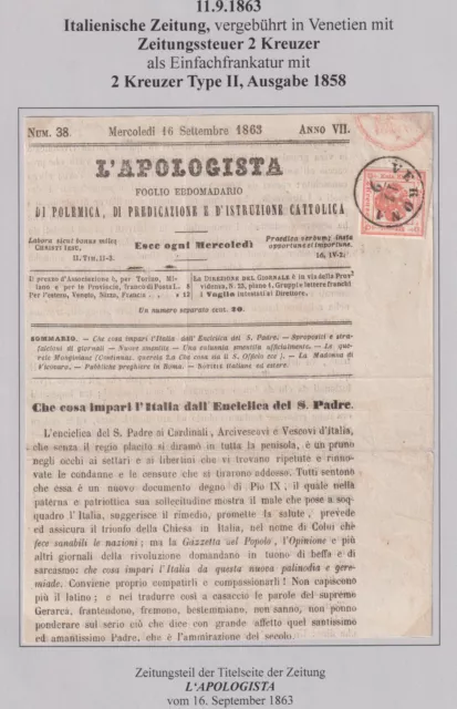 Österreich Lombardei Zeitungsstempelmarke Nr. 2, II auf Zeitungstitel Ferchenbau