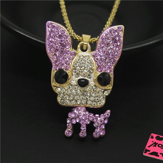 New Fashion Women Purple Bling Cute Puppy Dog Crystal Pendant Lady Necklace