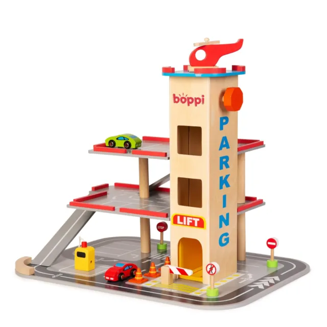 boppi Wooden Toy Garage Carpark with 12 pieces Inc 2 Cars & Helicopter and Lift 2
