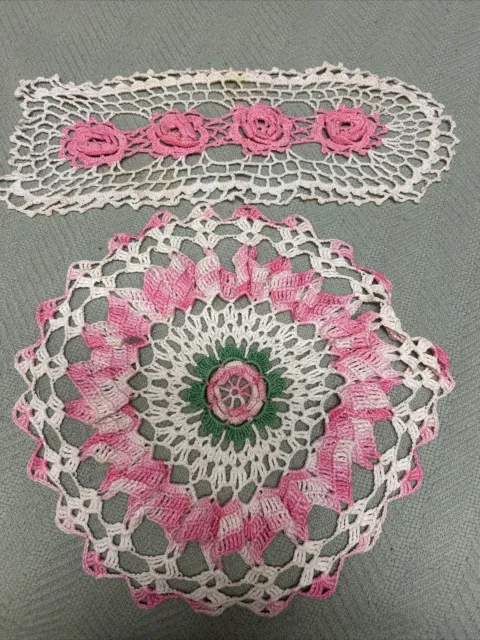Vintage Pink White Raised Rose Doily Hand Crochet 2 Pc Lot Cottage Shabby Retro