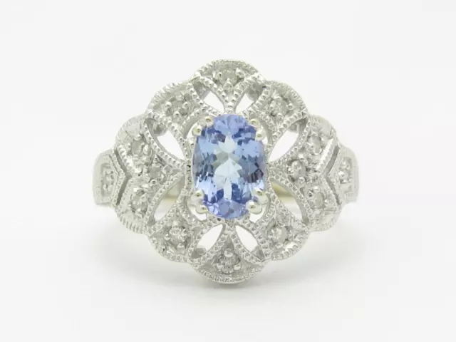 14k White Gold Diamonds & Tanzanite Vintage Design Floral Wide Pave Ring Size 7