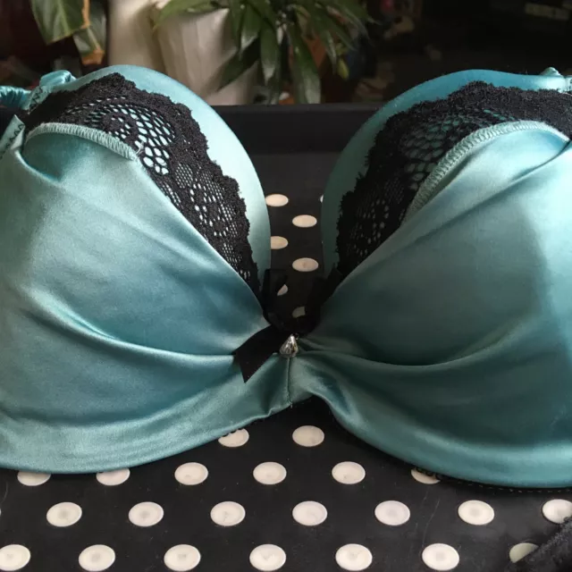 Bellissima 32C Green Teal Plunge Bra With Black Lace. Underwire With Padding