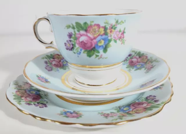 Vintage Colclough English China Blue & Floral Cup Saucer Plate Trio