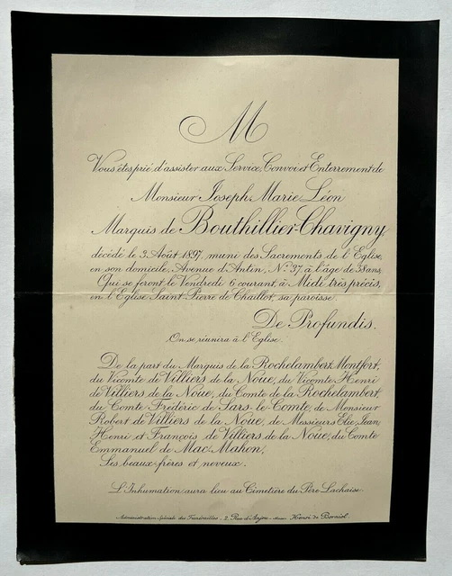 Marquis BOUTHILLIER CHAVIGNY Rochelambert Montfort FAIRE PART Sars le Comte 1897
