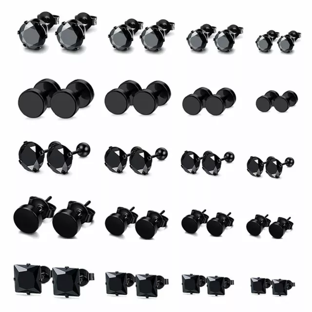 4 Pair Black Stud Earrings for Men Women Stainless Steel Round Set Piercing Gift