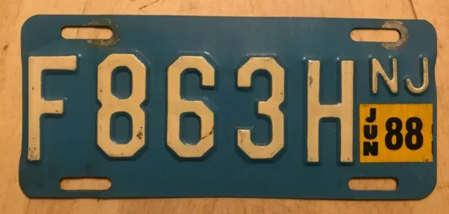 1988 New Jersey  Motorcycle Cycle License Plate " F 863 H " Nj 88 Buff On Blue