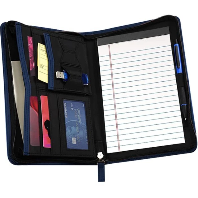 Junior Business Padfolio - A5 PU Leather Portfolio Binder & Zippered Navy Blue