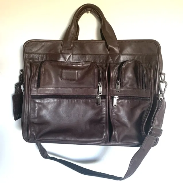 TUMI 9621BN3 Brown All Leather Briefcase Carry On Laptop Bag Expandable Pockets