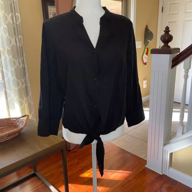 NWT - INC Tie Hem Collarless Button Down Casual Minimalist Top Black, Size M