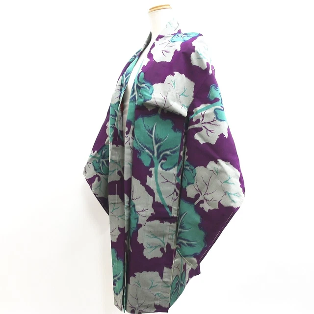 9004C5 Silk Vintage Japanese Kimono Haori Jacket Meisen Leaf Long
