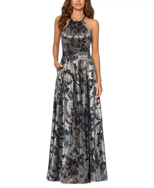 Betsy & Adam Women's Long Gown Size 6P Sleeveless Halter Metallic Floral Navy