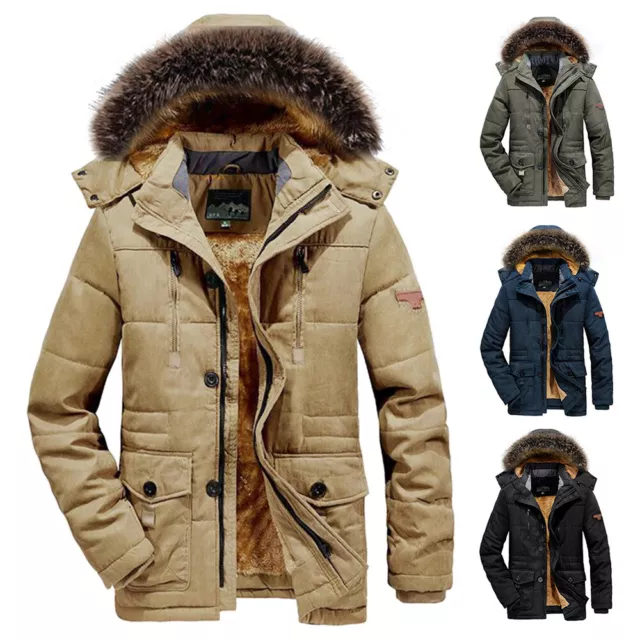 Hombre Invierno Abrigo Cálido Forro Polar y Capucha Parkas Hombres Nego <