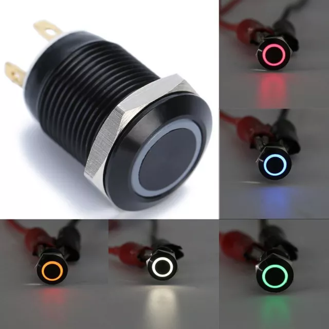 Black Metal Aluminum Momentary Switch LED Power Car Latch 12mm Push Button