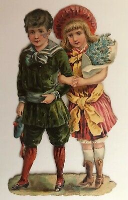 Victorian Die-Cut Large Scrap Cute Boy & Girl Arms Interlocked Flowers E016