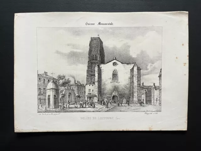 Lithographie XIXème - Eglise de Lectoure - Gers