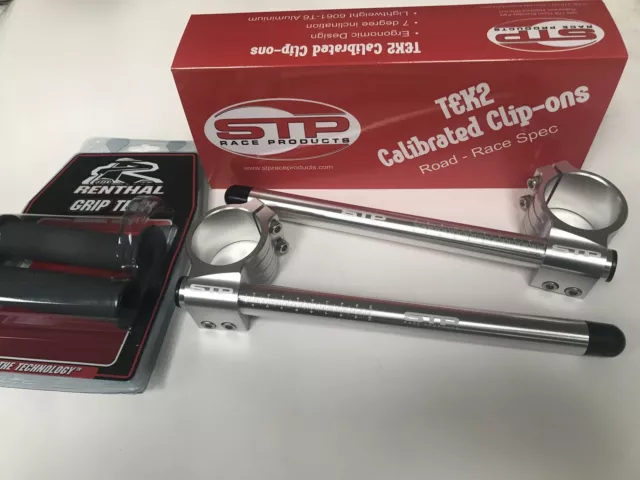 45mm STP Silver Tek2 Calibrated road race Polished Clip-Ons  & Renthal Grips..