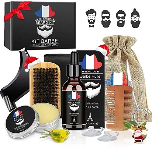 Kit Barbe Homme Kit Soin Barbe 9 en 1 pièces Huile à barbe naturel Baume Peig...