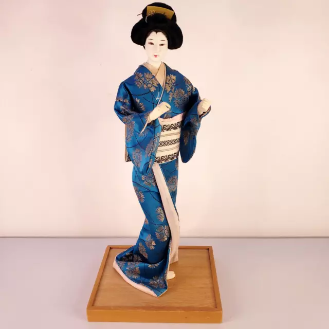 Vintage Japanese Geisha Doll Figurine Blue Kimono Resin Plastic Hollywood MCM